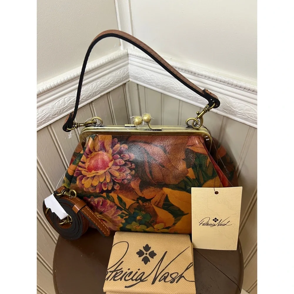 Patricia Nash Floral Leather Kiss Lock Satchel Bag Multi Color Vintage Style NEW